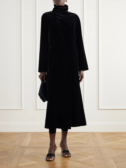 Image of Coats & Jackets. Product name - High-neck Cotton-velvet Coat in Black colour by brand - Colleen Allen