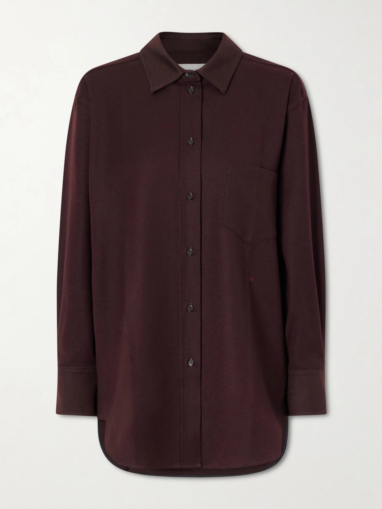 Image of a model wearing Tops. Product name - Remi Wool Shirt in Burgundy colour by brand - Victoria Beckham