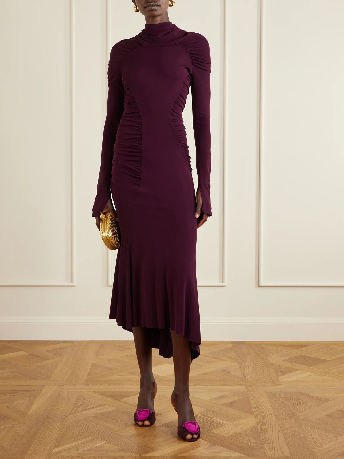 Image of Heels. Product name - Epine Rose 85 Floral-appliquéd Suede Mules in Burgundy colour by brand - Roger Vivier