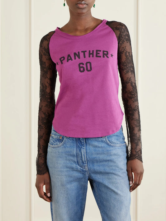 Printed Lace-trimmed Cotton T-shirt