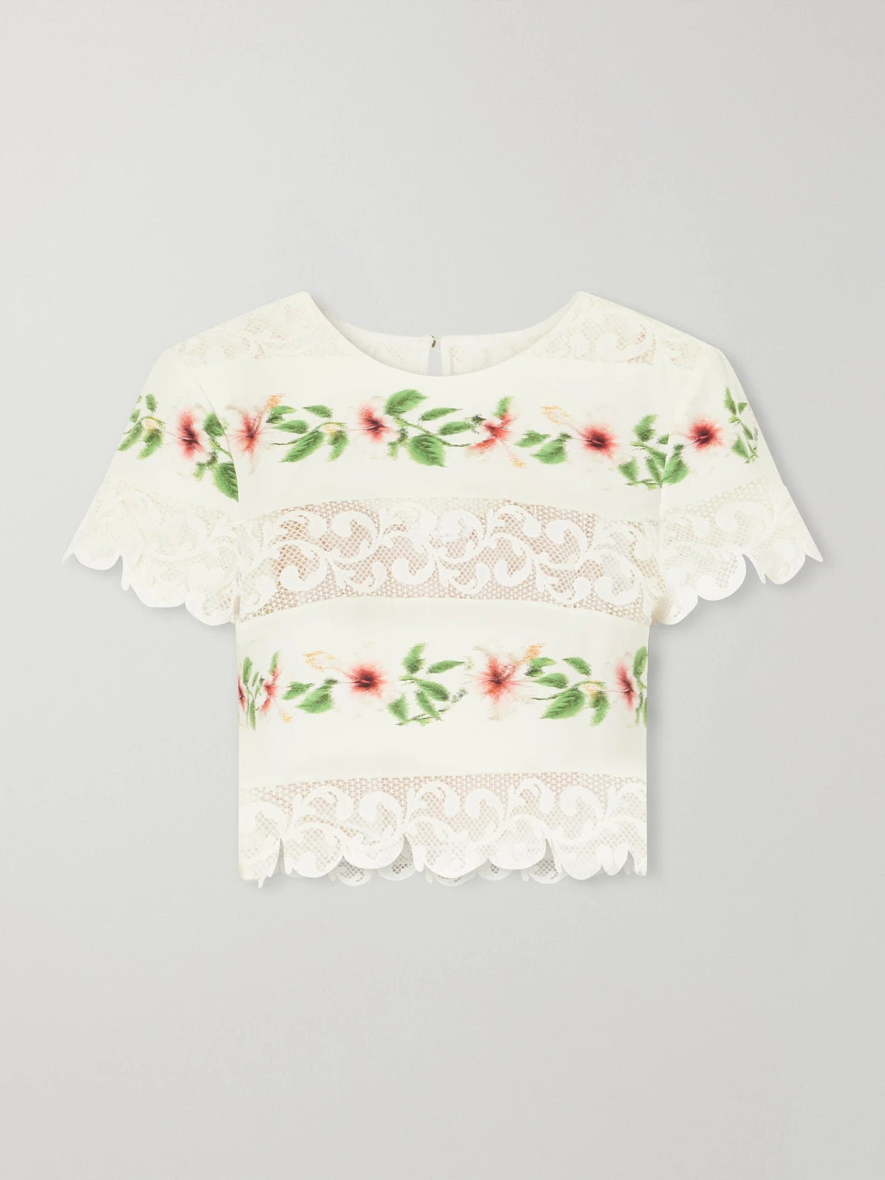Image of Blouses. Product name - Floral-print Lace-trimmed Cotton-blend Poplin Blouse in White colour by brand - Oscar de la Renta