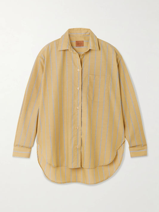 Image of a model wearing Tops. Product name - The Essential Striped Cotton-poplin Shirt in Yellow colour by brand - Jamie Haller