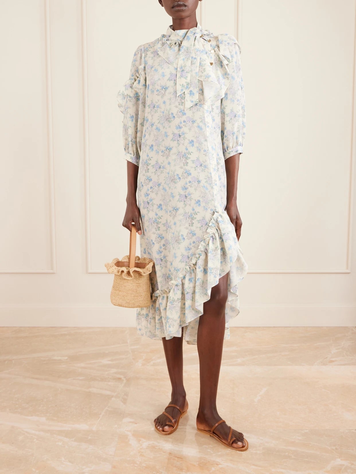 Image of Dresses. Product name - Batacalla Scarf-detailed Ruffled Floral-print Silk-crepe De Chine Midi Dress in White colour by brand - MAISON MAYLE