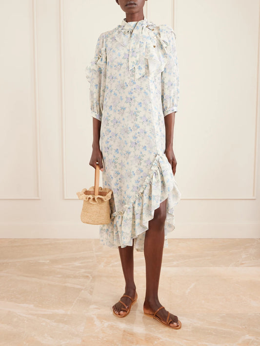 Image of Dresses. Product name - Batacalla Scarf-detailed Ruffled Floral-print Silk-crepe De Chine Midi Dress in White colour by brand - MAISON MAYLE
