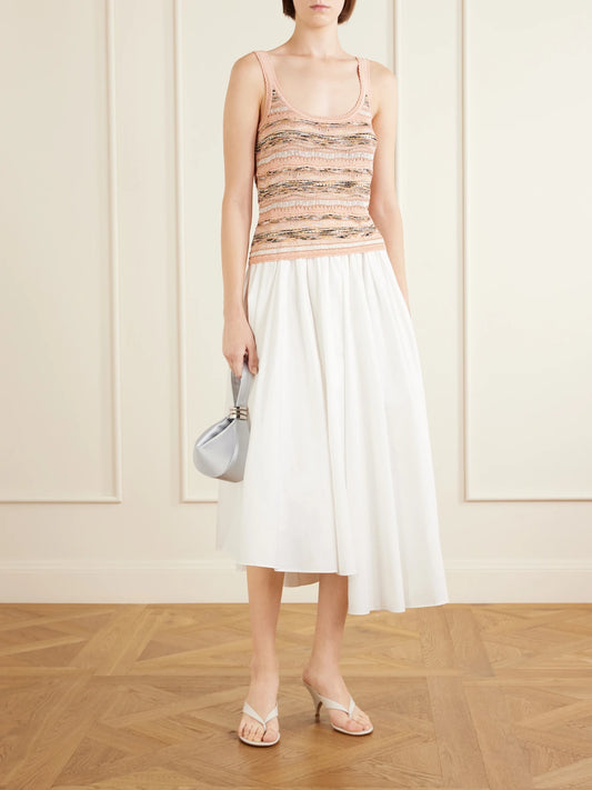 Image of a model wearing Tops. Product name - Clotilde Striped Pointelle-knit Tank in Pink colour by brand - Ulla Johnson