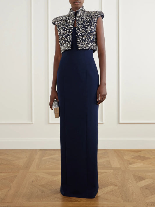 Image of Coats & Jackets. Product name - Super Moon Crystal-embellished Crepe Evening Jacket in Navy colour by brand - Jenny Packham