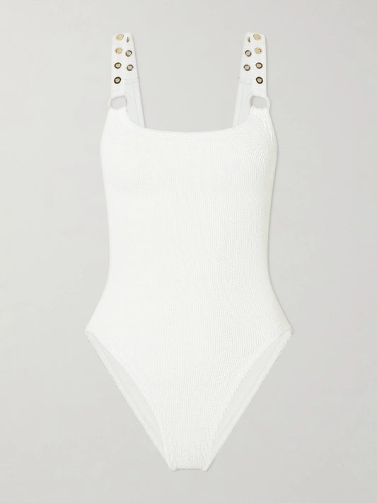 Image of Swimwear. Product name - Melody Embellished Original Crinkle Swimsuit in White colour by brand - Hunza G