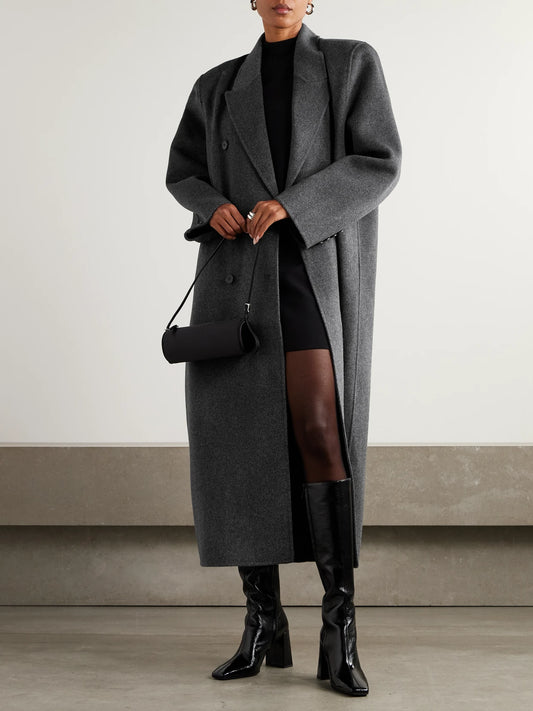 Image of Coats & Jackets. Product name - Gaia Double-breasted Wool-blend Coat in Dark gray colour by brand - The Frankie Shop