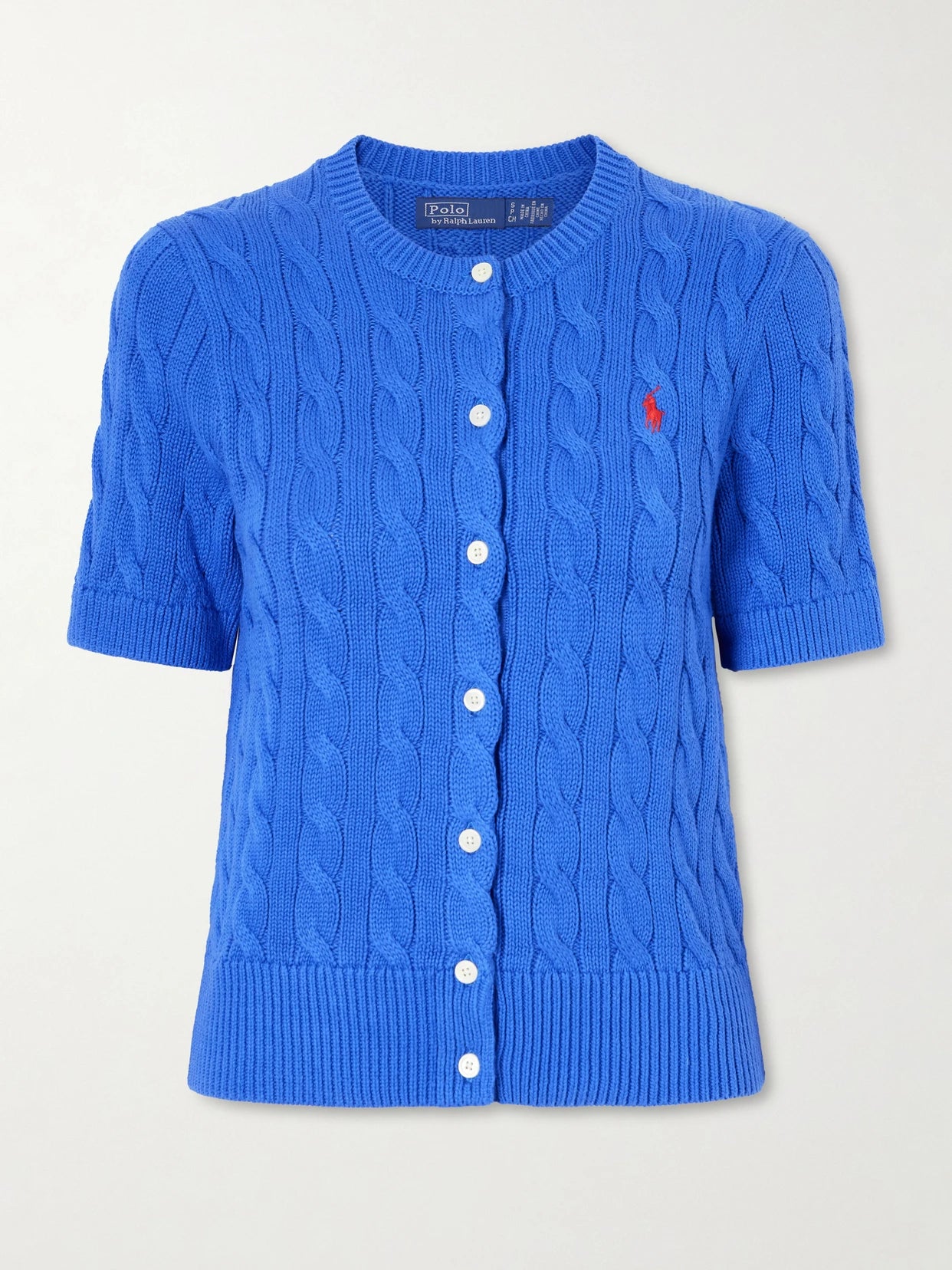 Image of a model wearing Outerwear. Product name - Logo-embroidered Cable-knit Cotton Cardigan in Blue colour by brand - Polo Ralph Lauren