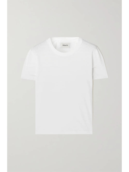 Image of a model wearing Tops. Product name - Emmylou Cotton-jersey T-shirt in White colour by brand - KHAITE