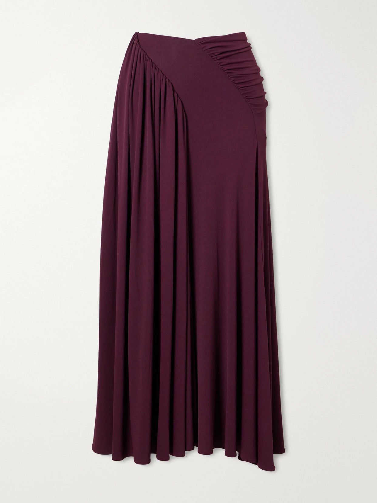 Image of a model wearing Skirts. Product name - Gathered Stretch-jersey Midi Skirt in Burgundy colour by brand - RABANNE