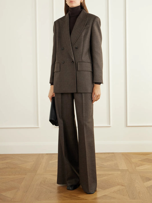 Image of a model wearing Pants. Product name - Pantone Virgin Wool-twill Wide-leg Pants in Dark brown colour by brand - Max Mara