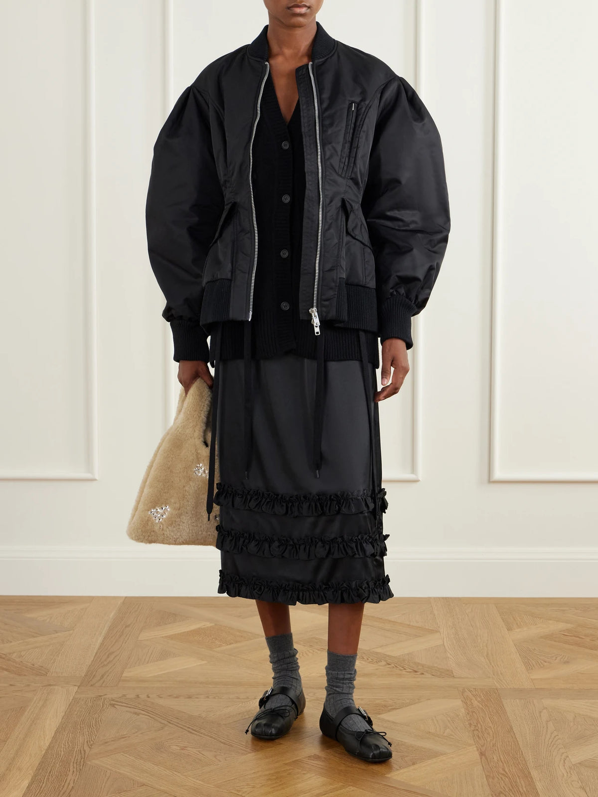 Image of Coats & Jackets. Product name - Satin Bomber Jacket in Black colour by brand - Simone Rocha