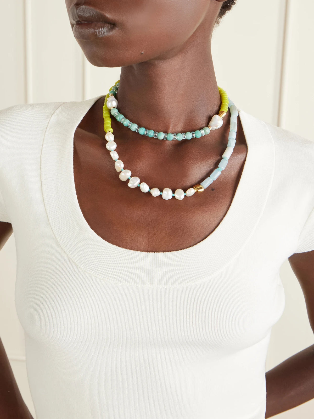 Image of Necklaces. Product name - Cabana Gold-plated Multi-stone, Glass And Pearl Beaded Necklace in Multi colour by brand - Lizzie Fortunato