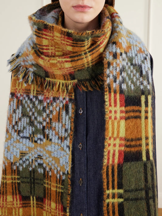 Dries Van Noten Fringe-trimmed Checked Brushed Wool-blend Scarf