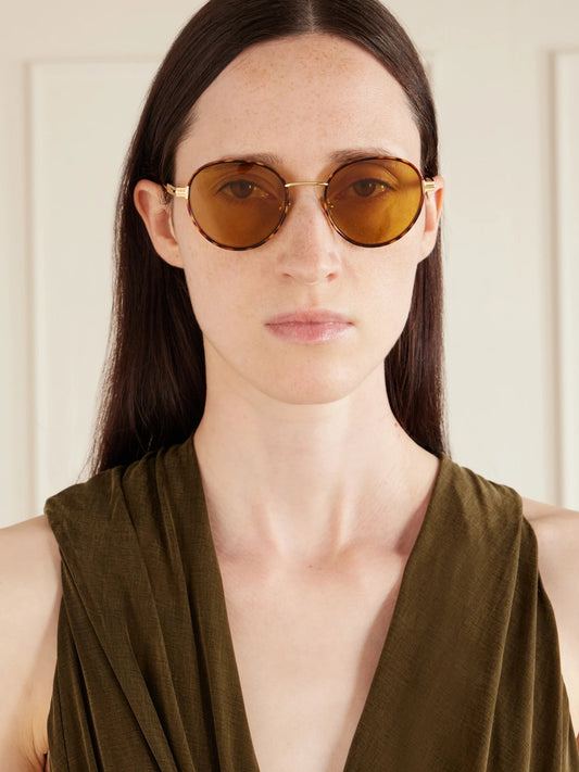 Image of Sunglasses. Product name - Jet-02 Round-frame Gold-tone And Tortoiseshell Acetate Sunglasses in Multi colour by brand - TOM FORD