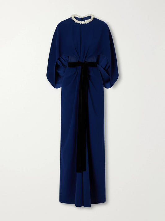 SIMKHAI Annette Cape-effect Bead-embellished Gathered Velvet-trimmed Crepe Gown