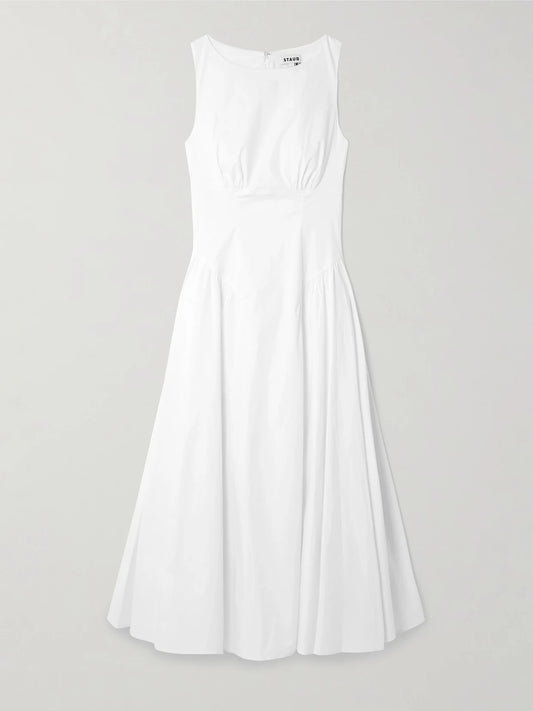 Image of Dresses. Product name - Gwen Paneled Pleated Cotton-blend Poplin Midi Dress in White colour by brand - STAUD