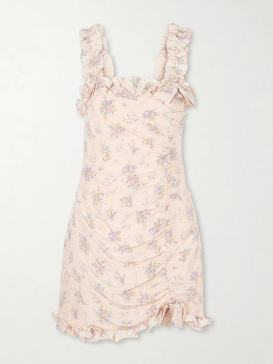 Image of Dresses. Product name - Floral-print Silk Mini Dress in Pink colour by brand - Alessandra Rich