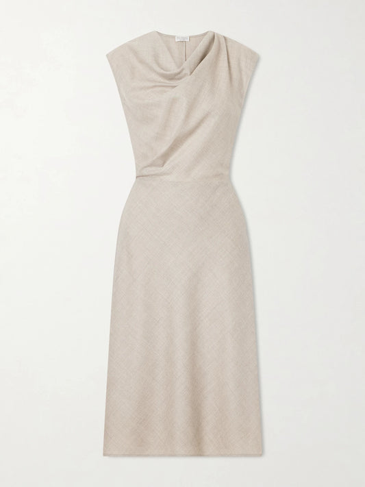 Image of Dresses. Product name - Draped Virgin Wool Midi Dress in Beige colour by brand - Brunello Cucinelli