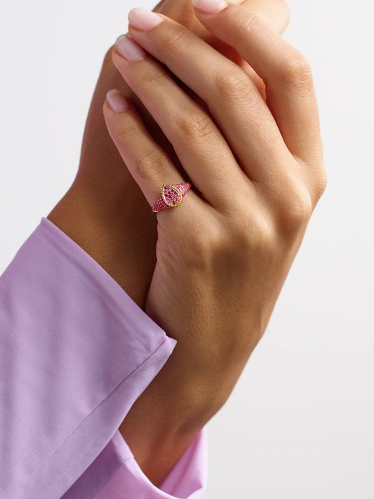 Image of Rings. Product name - Baby Chevalière Poire 9-karat Gold, Ruby And Sapphire Signet Ring in Pink colour by brand - Yvonne Léon