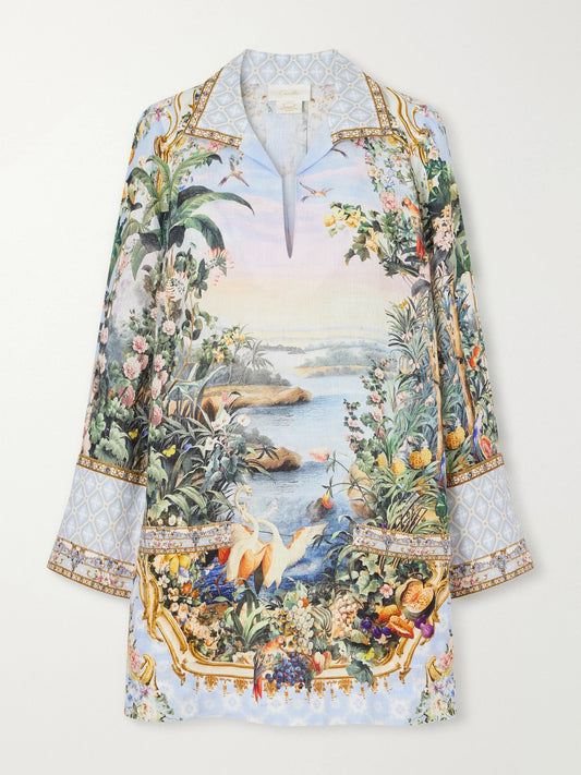 Camilla Sisi Society Crystal-embellished Printed Linen Mini Dress