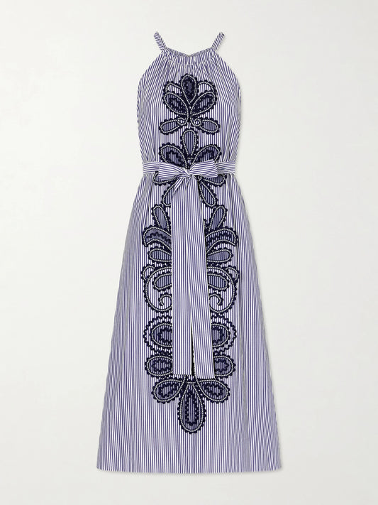 Image of Dresses. Product name - Belted Striped Embroidered Cotton-poplin Halterneck Midi Dress in Blue colour by brand - Carolina Herrera