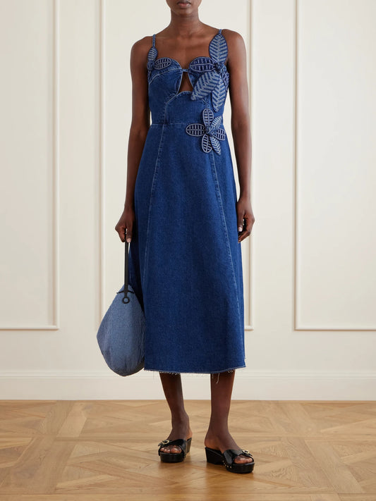 Image of Dresses. Product name - Floral-appliquéd Denim Midi Dress in Dark denim colour by brand - Farm Rio