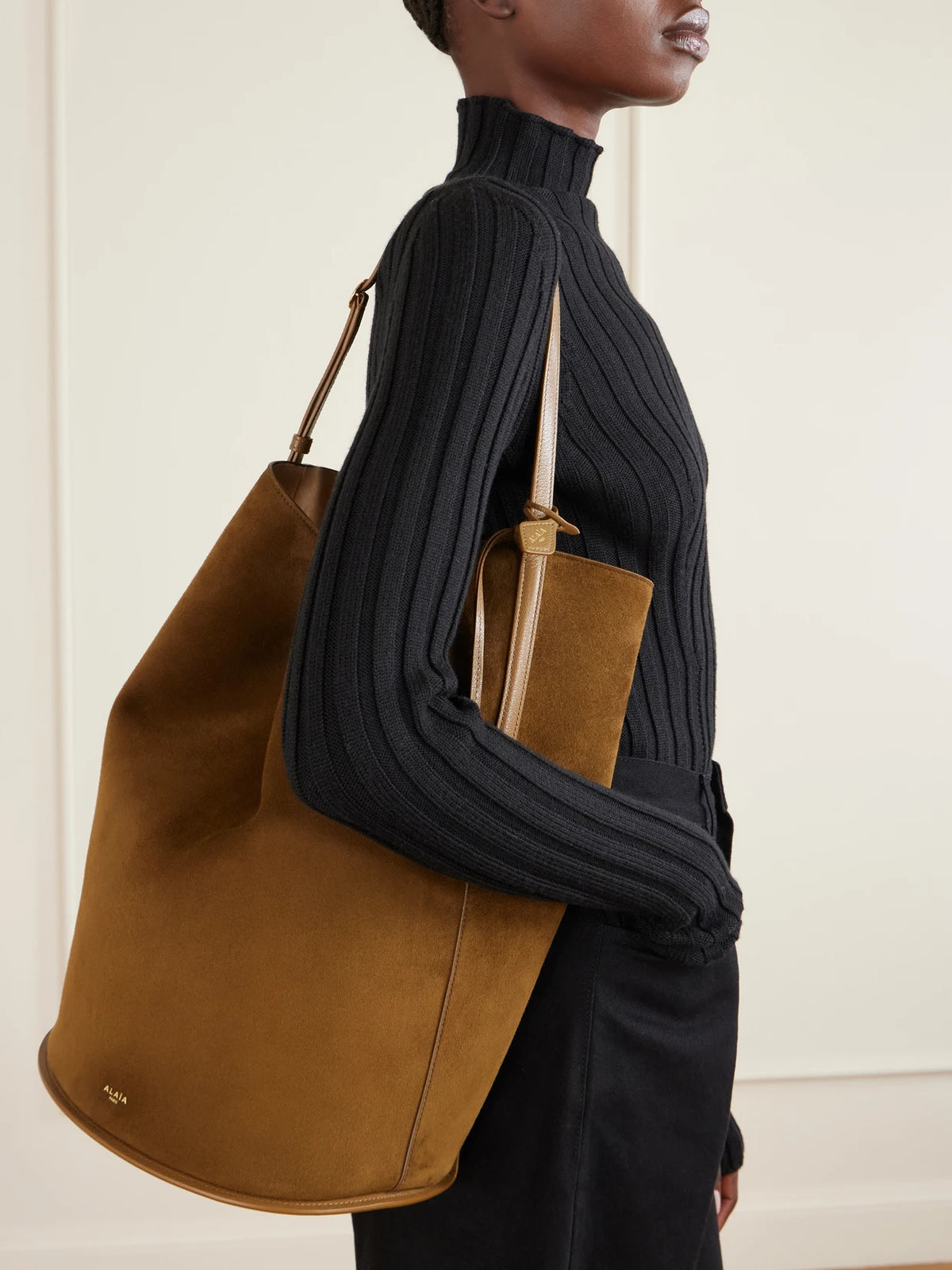 Image of Bags. Product name - Hip Large Leather-trimmed Suede Bucket Bag in Dark green colour by brand - Alaïa