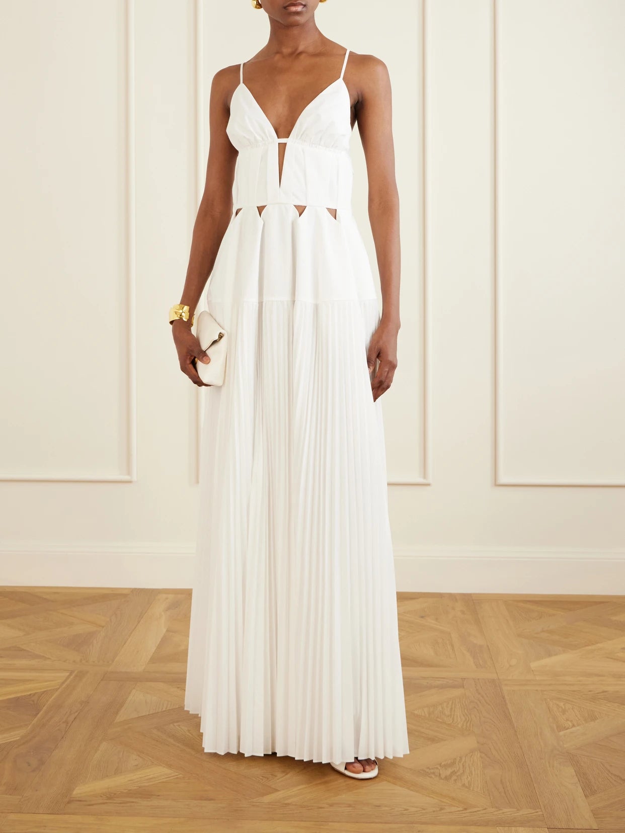 Image of Dresses. Product name - Selene Cut-out Pleated Poplin Maxi Dress in White colour by brand - SIMKHAI