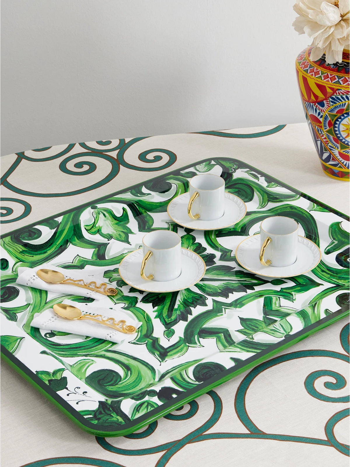 Image of Tableware. Product name - Painted Lacquered Wood Tray in Bright green colour by brand - Dolce & Gabbana