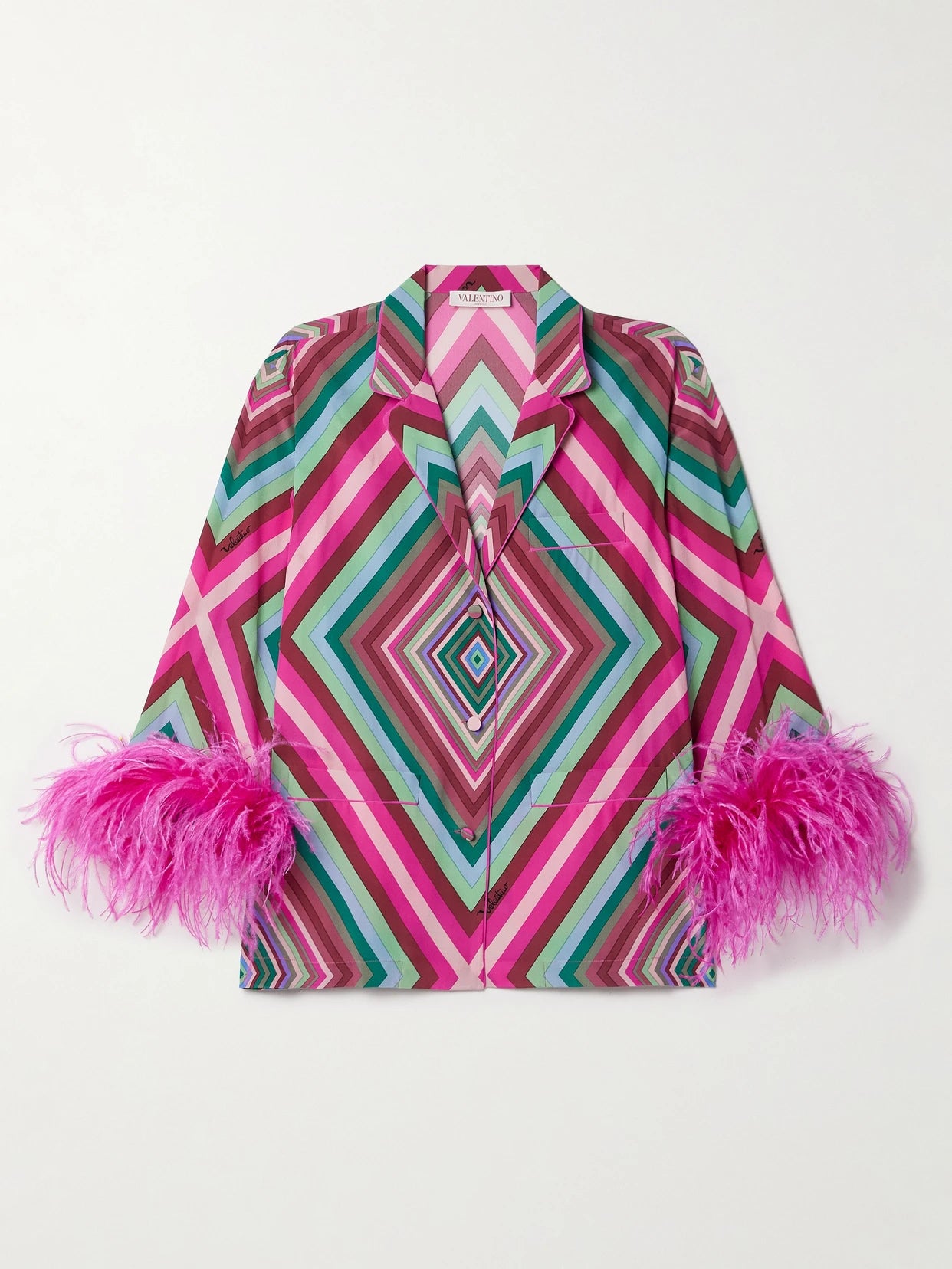 Feather-trimmed Printed Silk Crepe De Chine Shirt