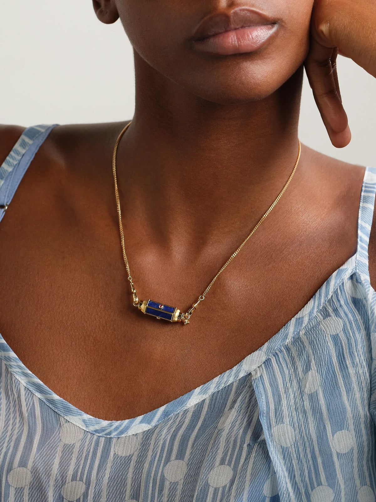 Image of Necklaces. Product name - Baby Locket 18-karat Gold, Lapis Lazuli And Ruby Necklace in Blue colour by brand - Marie Lichtenberg