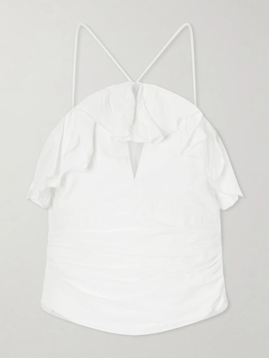 Image of a model wearing Tops. Product name - Djimia Ruffled Cotton-blend Tank in White colour by brand - MARANT ÉTOILE
