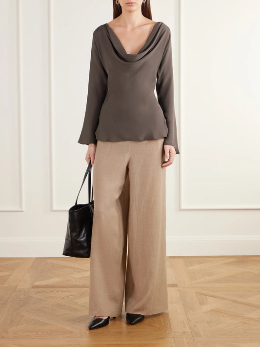 Image of a model wearing Pants. Product name - Cairo Wool Broken Twill Wide-leg Pants in Taupe colour by brand - KALLMEYER