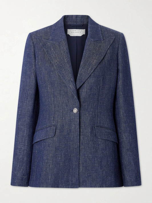 Image of a model wearing Outerwear. Product name - Leiva Darted Linen-chambray Blazer in Dark denim colour by brand - Gabriela Hearst