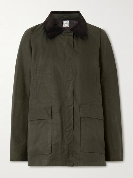 Image of Coats & Jackets. Product name - Oversized Corduroy-trimmed Waxed Organic Cotton Jacket in Green colour by brand - TOTEME