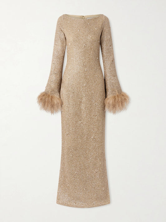 Image of Dresses. Product name - Mae Feather-trimmed Embellished Beaded Tulle Gown in Gold colour by brand - Clio Peppiatt