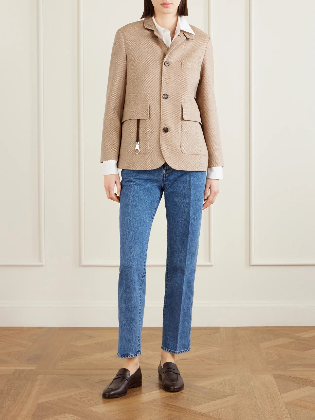 Image of Coats & Jackets. Product name - Suede-trimmed Silk-tweed Jacket in Beige colour by brand - Loro Piana