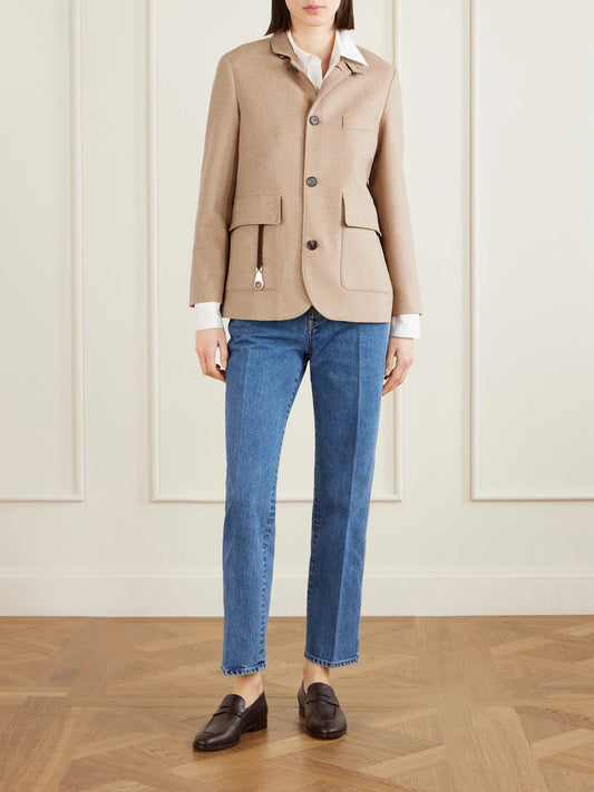Image of Coats & Jackets. Product name - Suede-trimmed Silk-tweed Jacket in Beige colour by brand - Loro Piana
