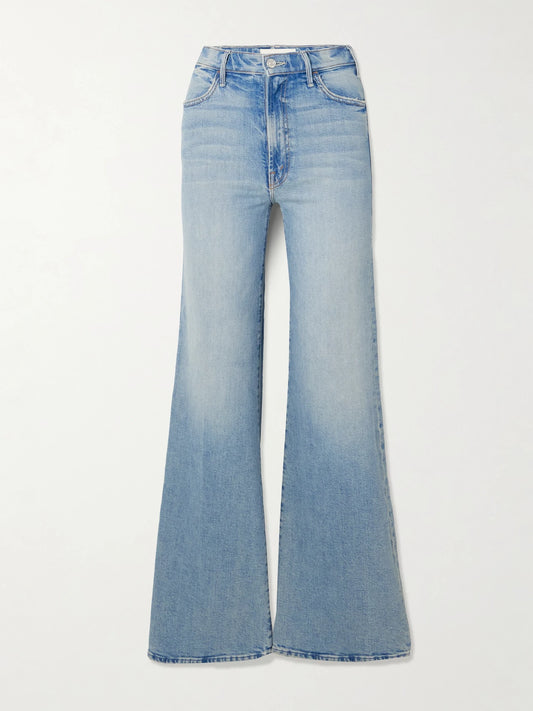 Image of Jeans. Product name - The Hustler Roller Sneak High-rise Wide-leg Jeans in Light denim colour by brand - Mother