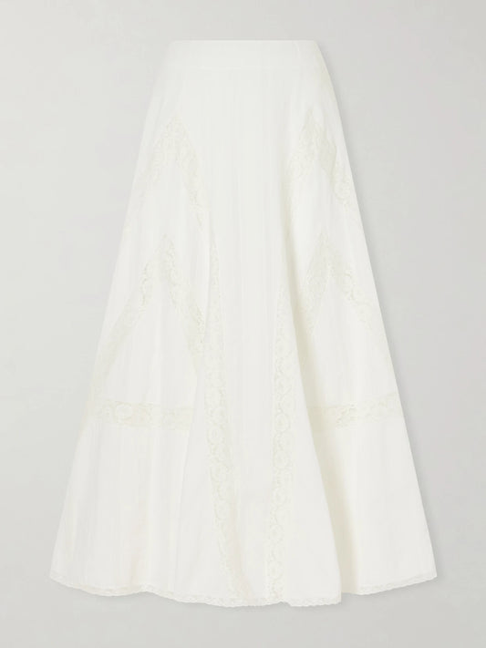 Image of a model wearing Skirts. Product name - Vieste Lace-trimmed Cotton-muslin Maxi Skirt in Off-white colour by brand - Loretta Caponi