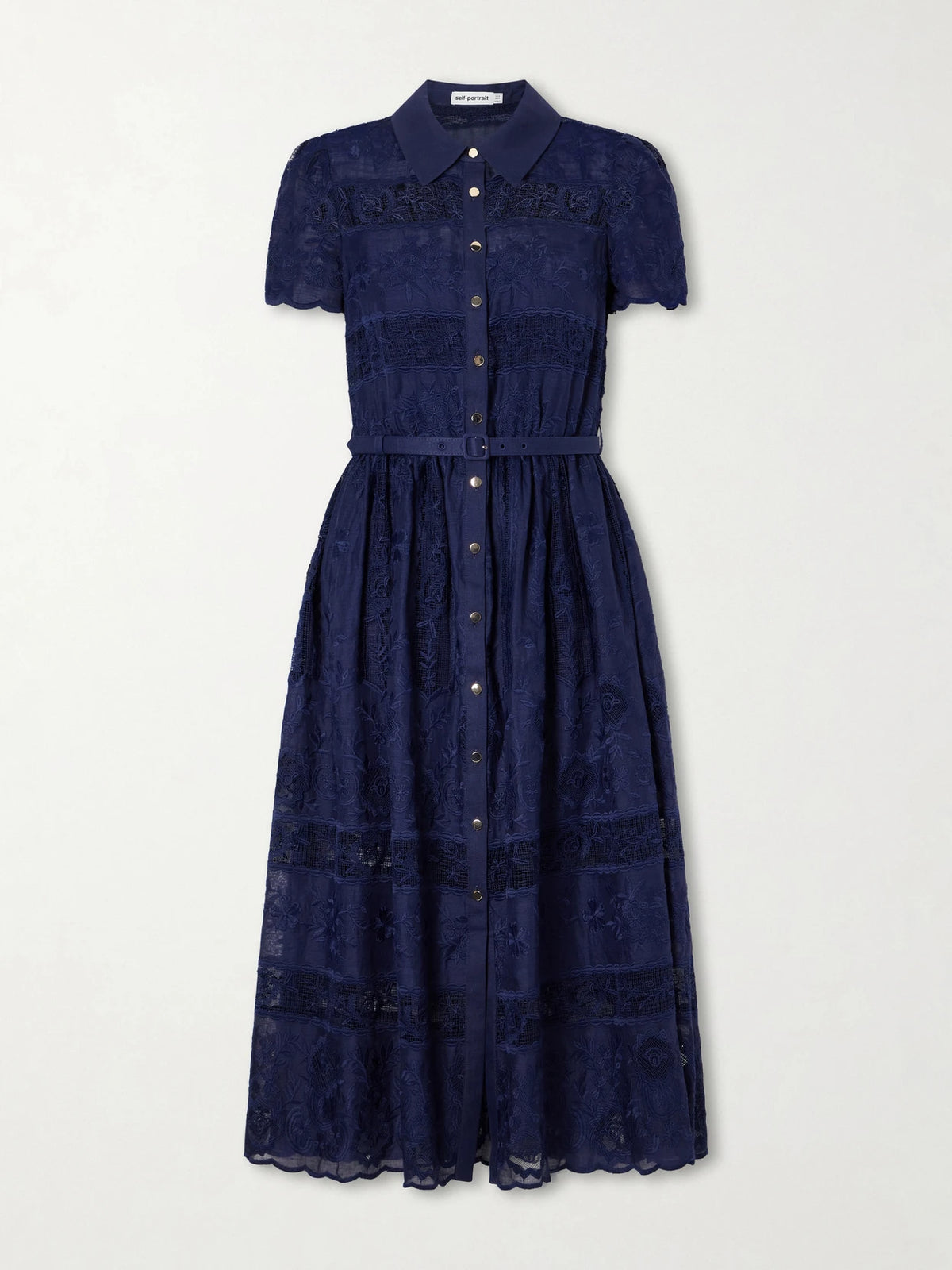 Self-Portrait Belted Embroidered Lace-trimmed Ramie Midi Dress