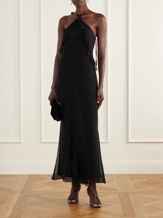 Image of Dresses. Product name - Lysia Embellished Ruffled Silk-crepe Halterneck Maxi Dress in Black colour by brand - SIR.
