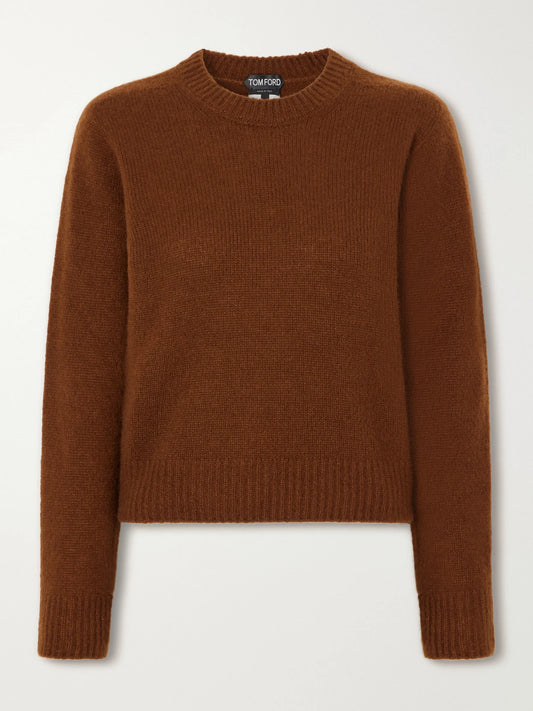 Image of a model wearing Outerwear. Product name - Cropped Cashmere And Silk-blend Sweater in Brown colour by brand - TOM FORD