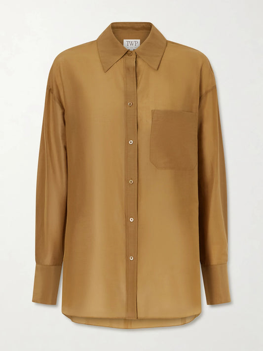 Image of a model wearing Tops. Product name - Big Joe Cotton And Silk-blend Shirt in Beige colour by brand - TWP