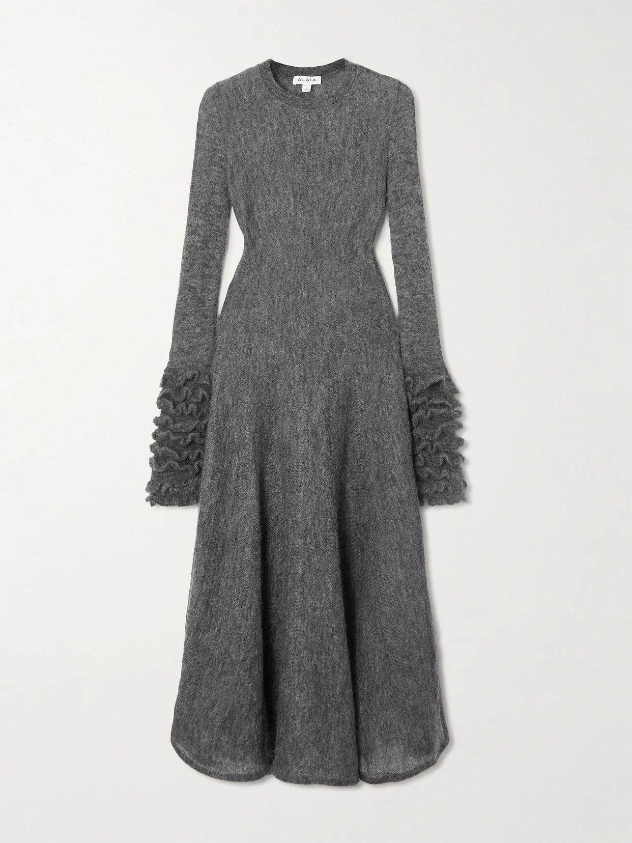 Image of Dresses. Product name - Ruffled Mohair-blend Midi Dress in Light gray colour by brand - Alaïa