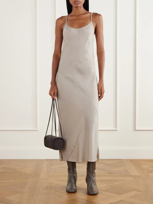 Image of Dresses. Product name - Paneled Satin Midi Dress in Gray colour by brand - Lauren Manoogian