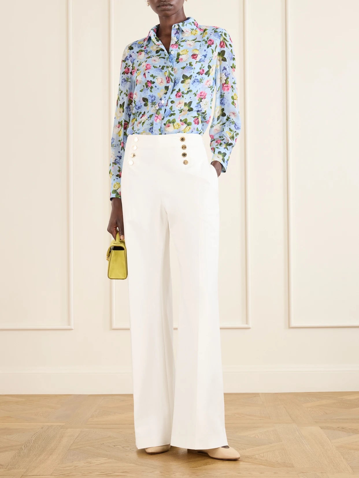 Image of a model wearing Tops. Product name - Isabella Garden Floral-print Silk-chiiffon Blouse in Blue colour by brand - Carolina Herrera