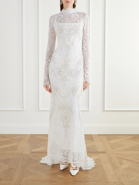 Image of Dresses. Product name - Sylvia Bead-embellished Floral-lace Gown in White colour by brand - Clio Peppiatt